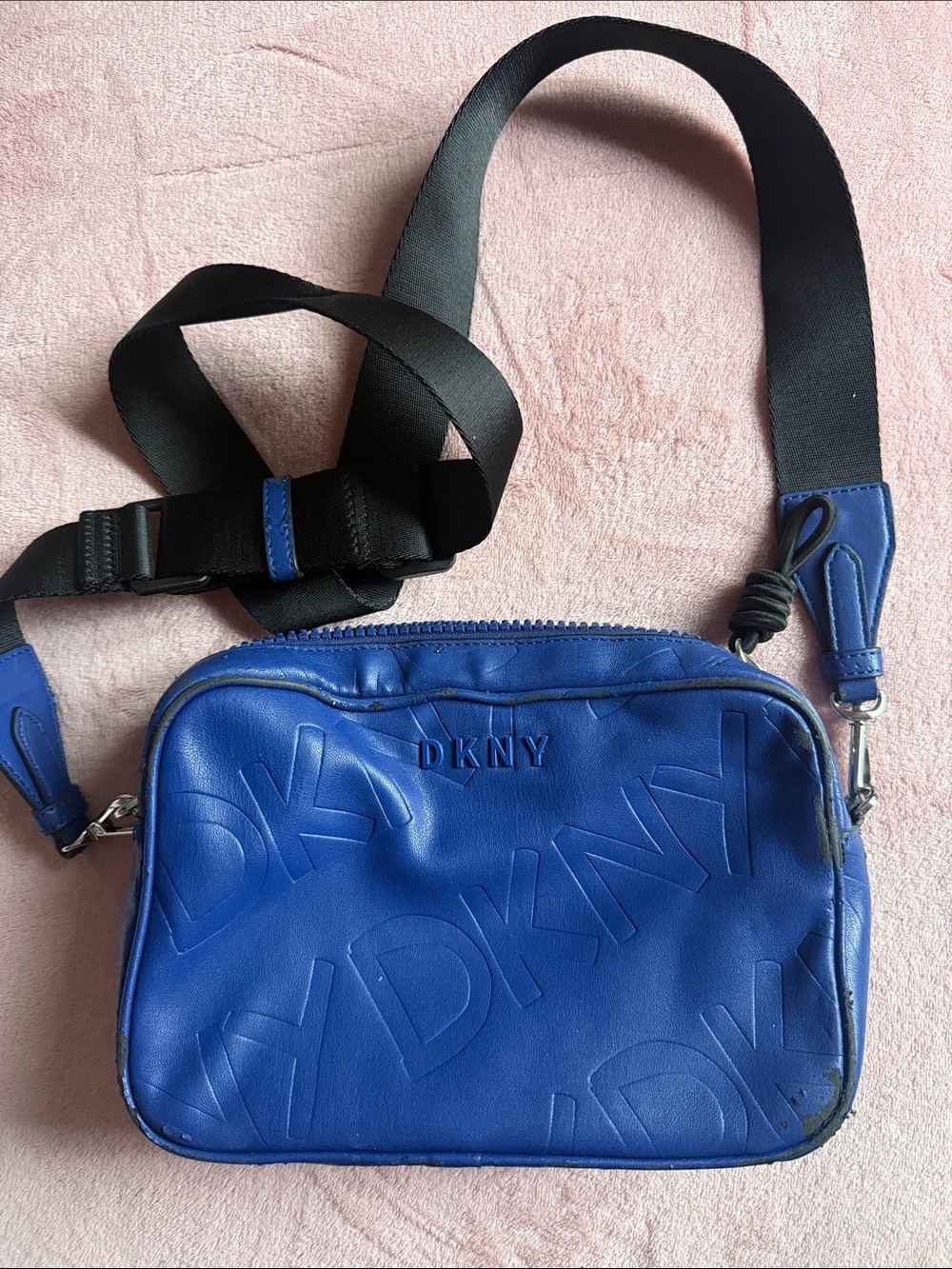 Dkny Blue Embossed Leather Crossbody Belt Bag with Black Strap